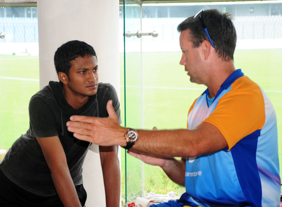 Law with Shakib al Hasan in 2011. Since 2009, Law has coached Sri Lanka, Bangladesh, West Indies and Afghanistan, aside from county and Under-19 teams