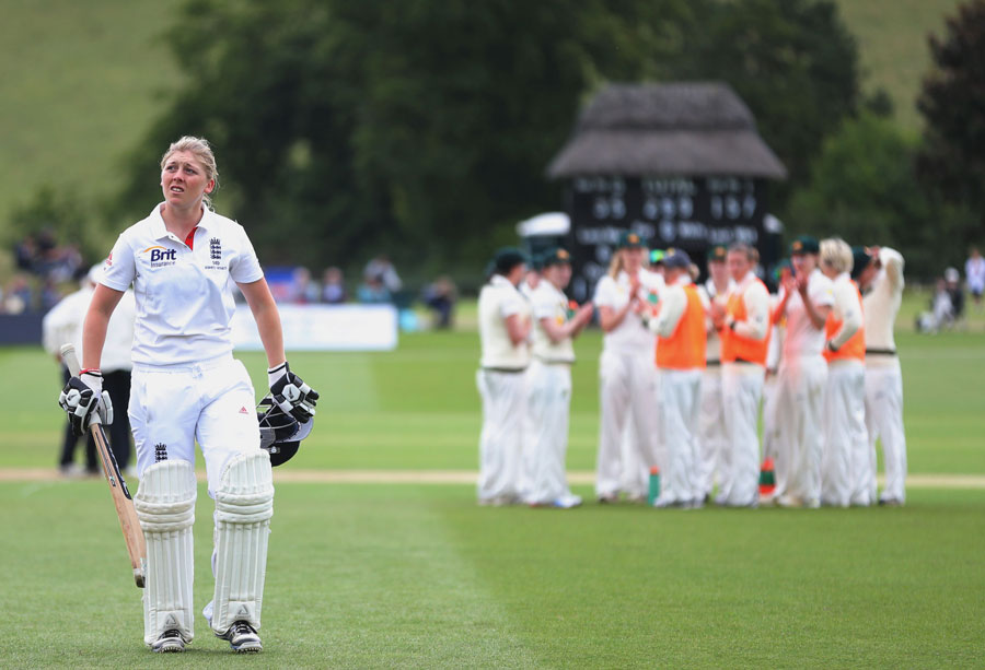 Knight in white armour: Heather Knight salvaged a draw for England with a near seven-hour 157 in the 2013 Test