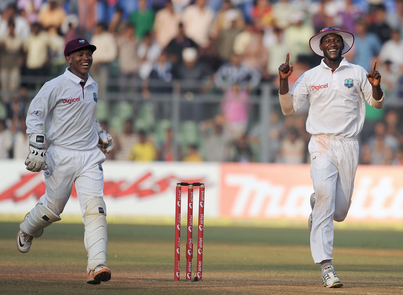 Darren Sammy is happy after saving the Test off the final ball, India v West Indies, 3rd Test, Mumbai, 5th day, November 26, 2011 