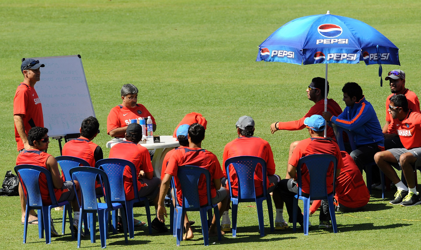 Paddy Upton (first from left) gives the Indian team one of many pep talks in the lead-up to the World Cup