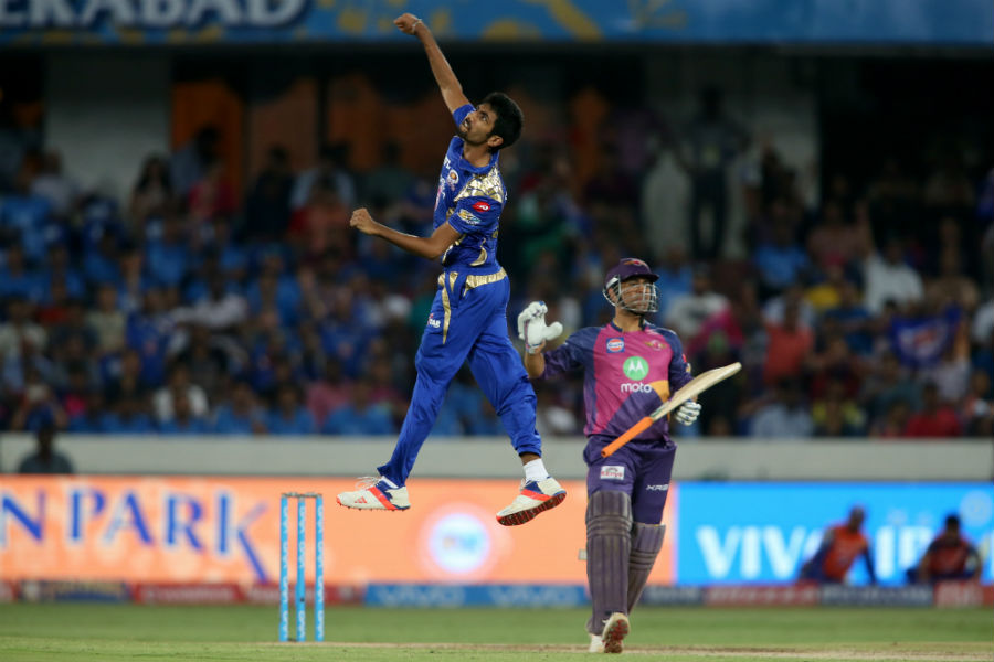 Jasprit Bumrah exults after having MS Dhoni caught behind