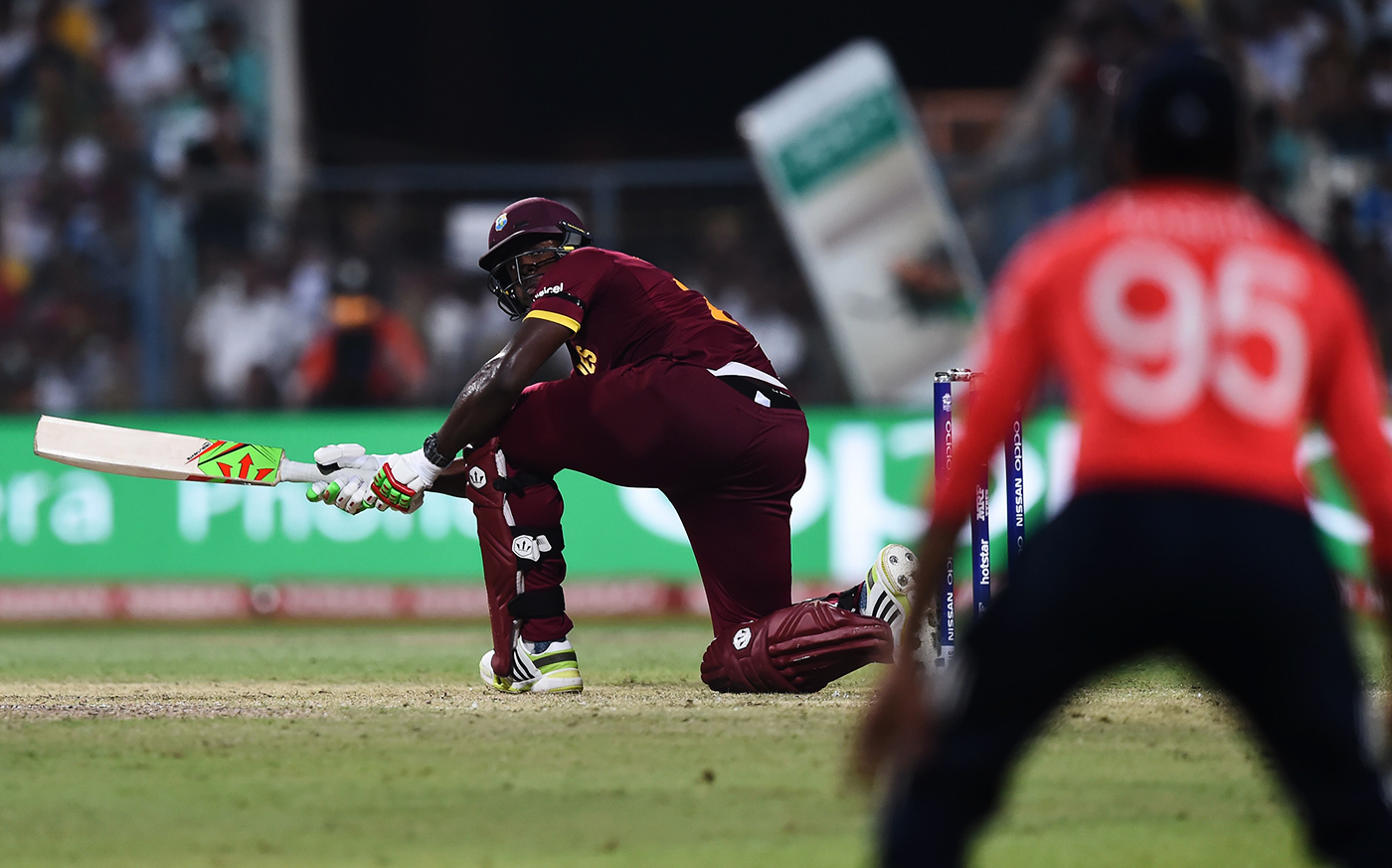 The beginning of the end: Brathwaite scoops Willey for a four off his last ball in the 18th over