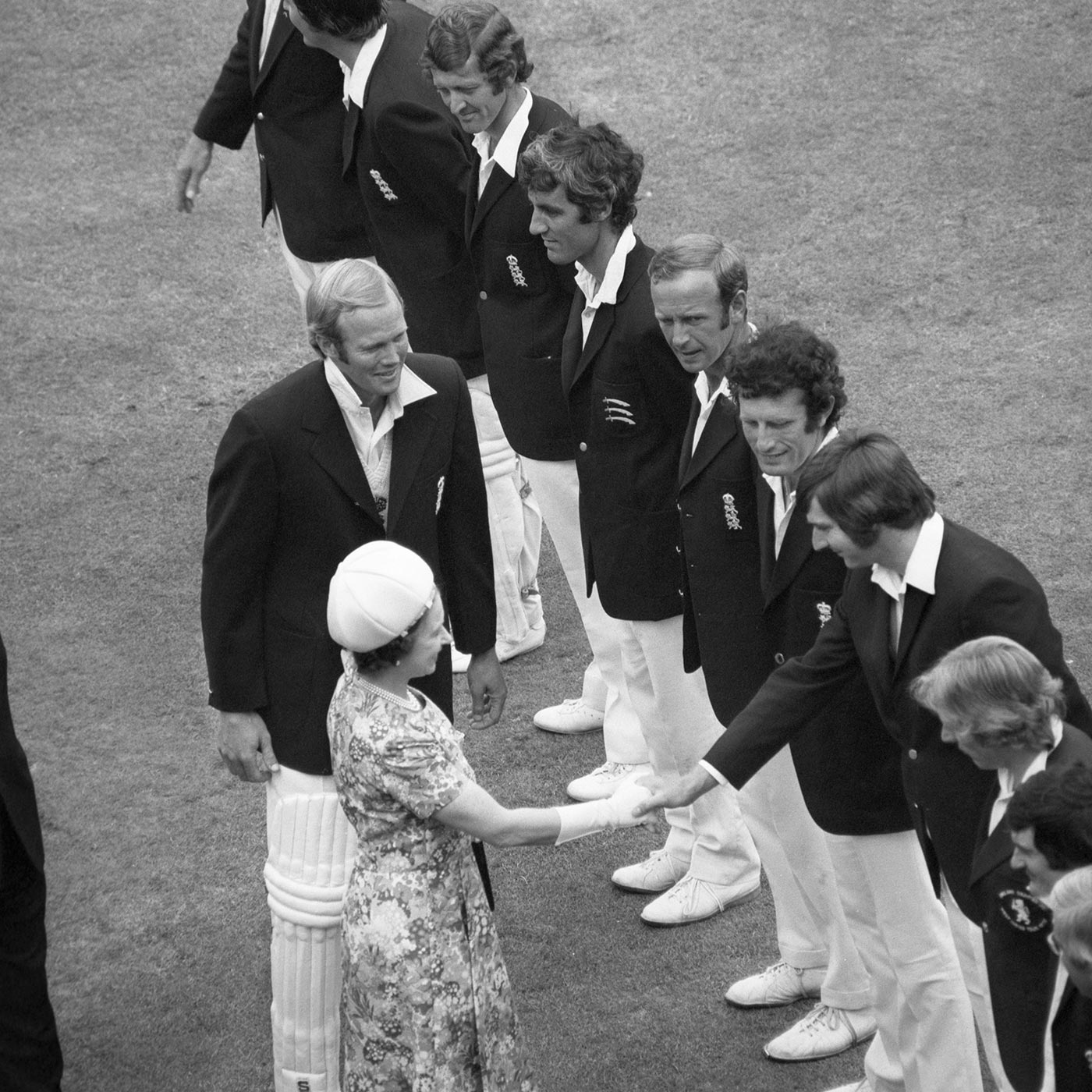 Tony Greig introduces his men to the Queen. Snow is to the right of Chris Old, shaking the Queen's hand