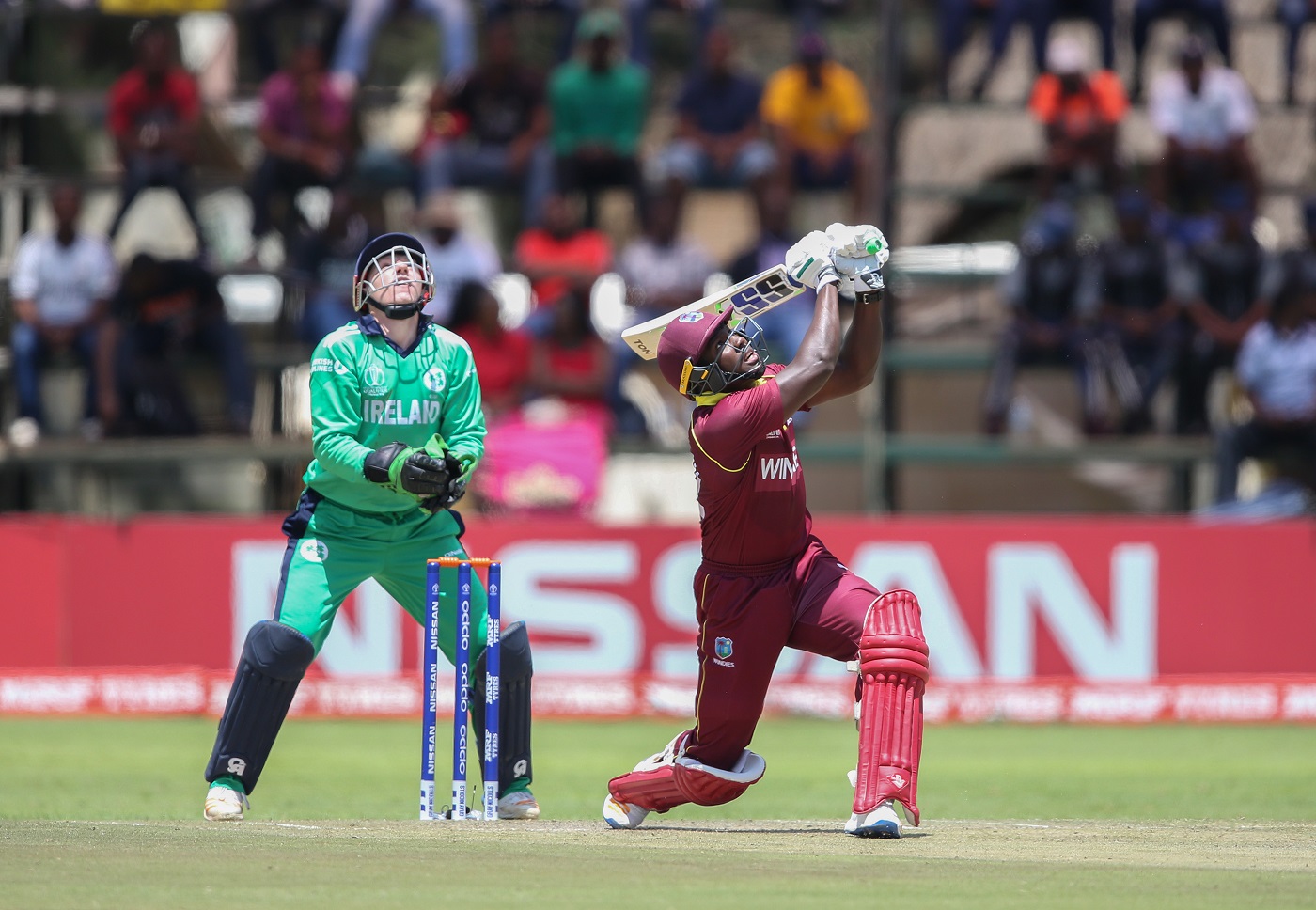 Reach for the sky: during his first ODI hundred, against Ireland in Harare in March 2018