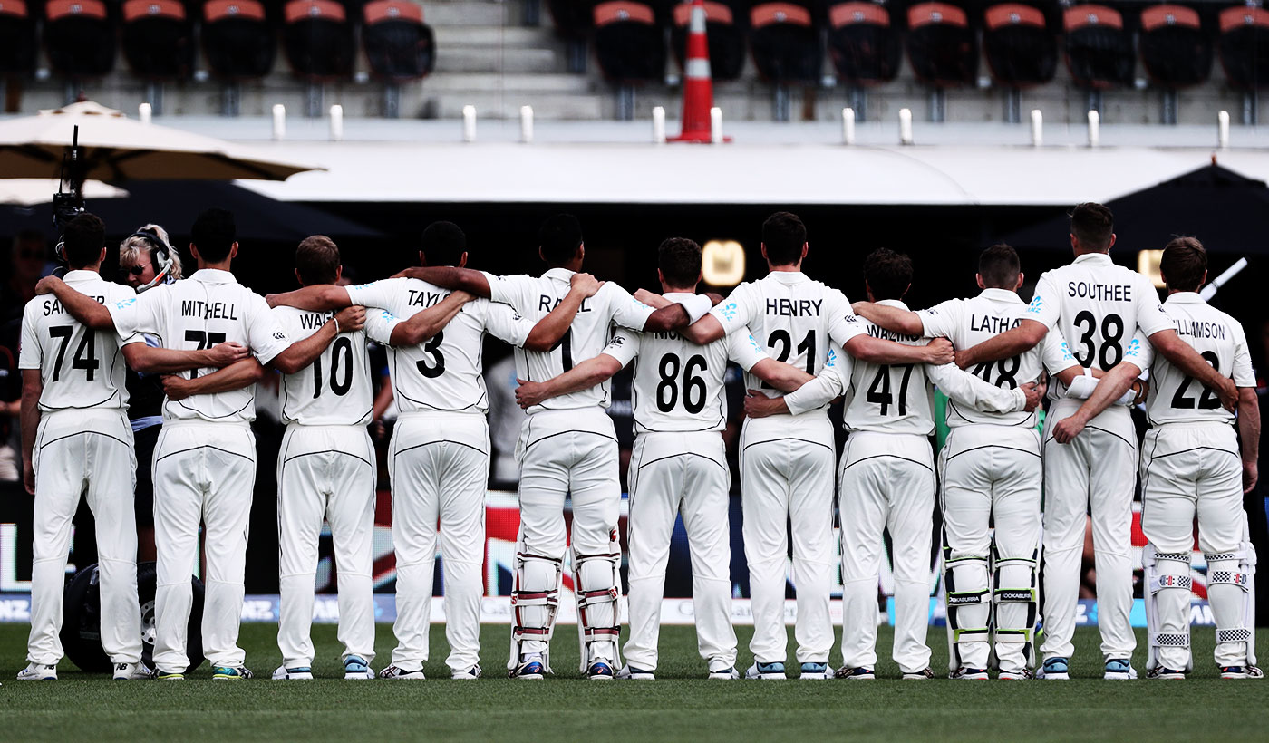 The New Zealand players line up for the national anthem