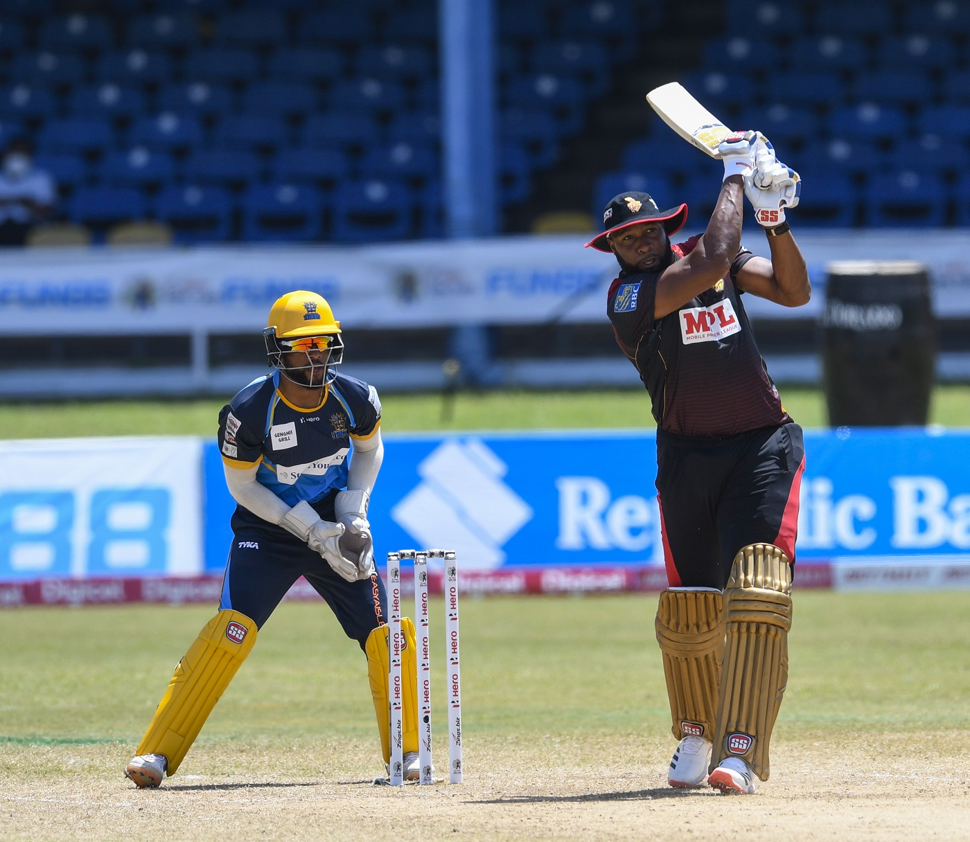 Kieron Pollard launches one in the 2020 CPL game where he made 72 off 28 balls, the highest-ranked innings on ESPNcricinfo's Finisher Score metric