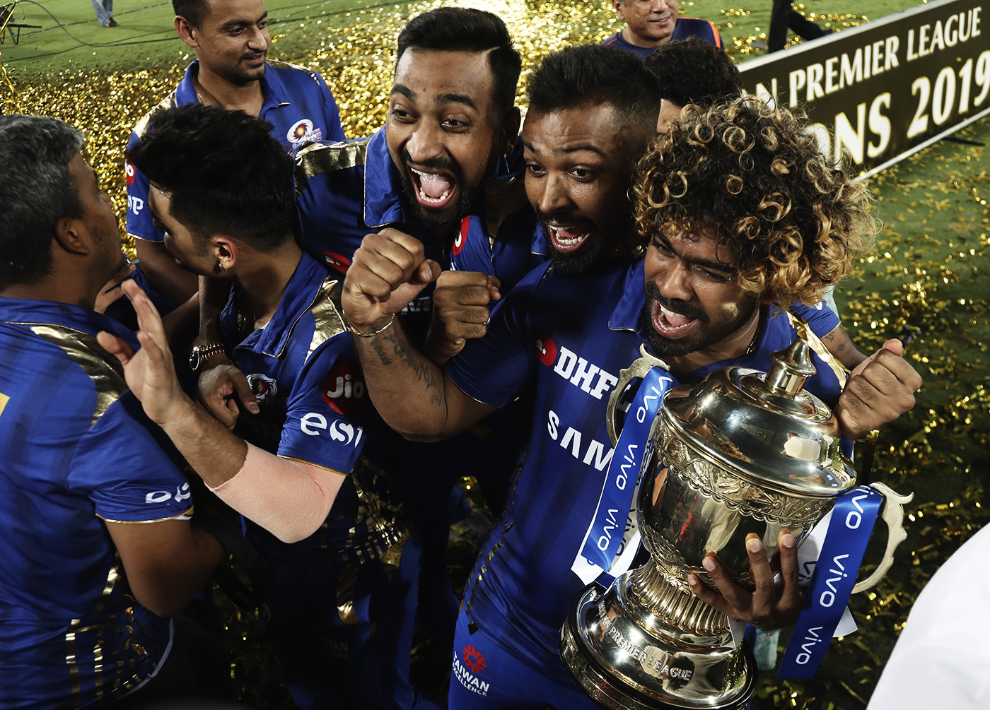 Malinga and the Pandya brothers celebrate MI's record fourth IPL title