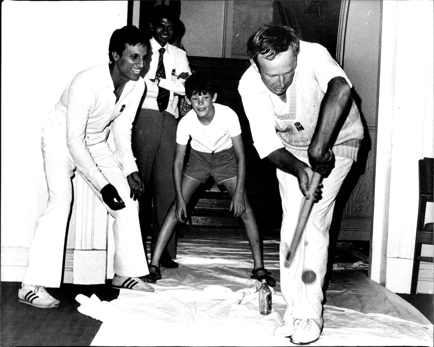 The game must go on: Underwood indulges in a spot of indoor cricket with Asif Iqbal and young James Packer, Kerry's son, during a rain break in a WSC game in Sydney in 1978