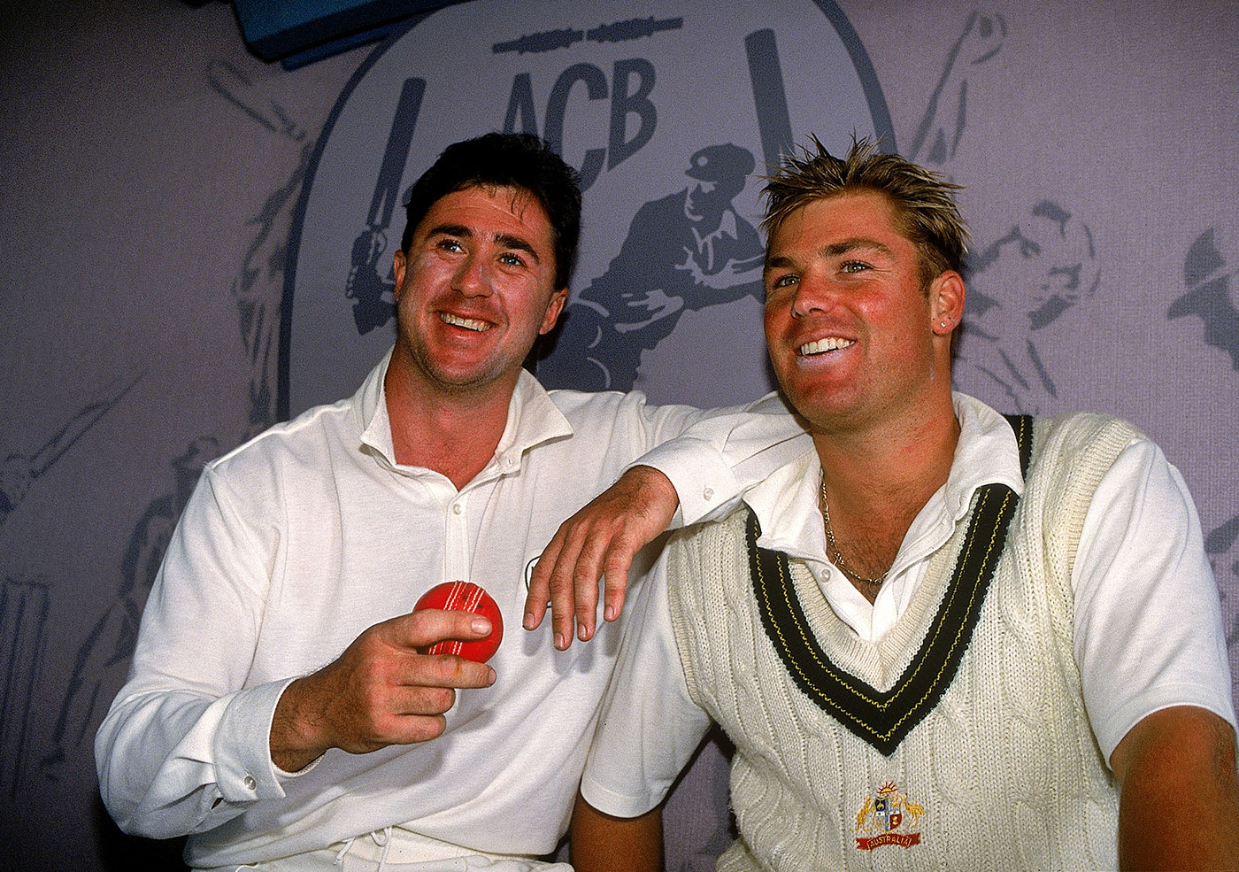 It was a rare Test where Tim May (left) overshadowed Shane Warne with the ball, taking a career-best 5 for 9 in West Indies' second innings