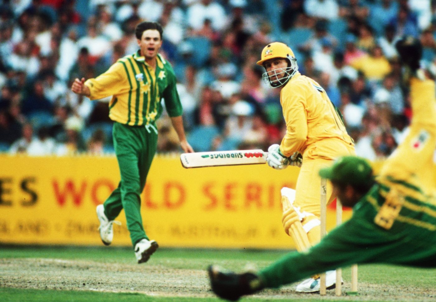 Australia flexed their bench strength in the 1995 Benson and Hedges World Series, when the national side and Australia A contested the finals. Here, in the second of those games, in Melbourne, Greg Blewett bowls to Mark Taylor