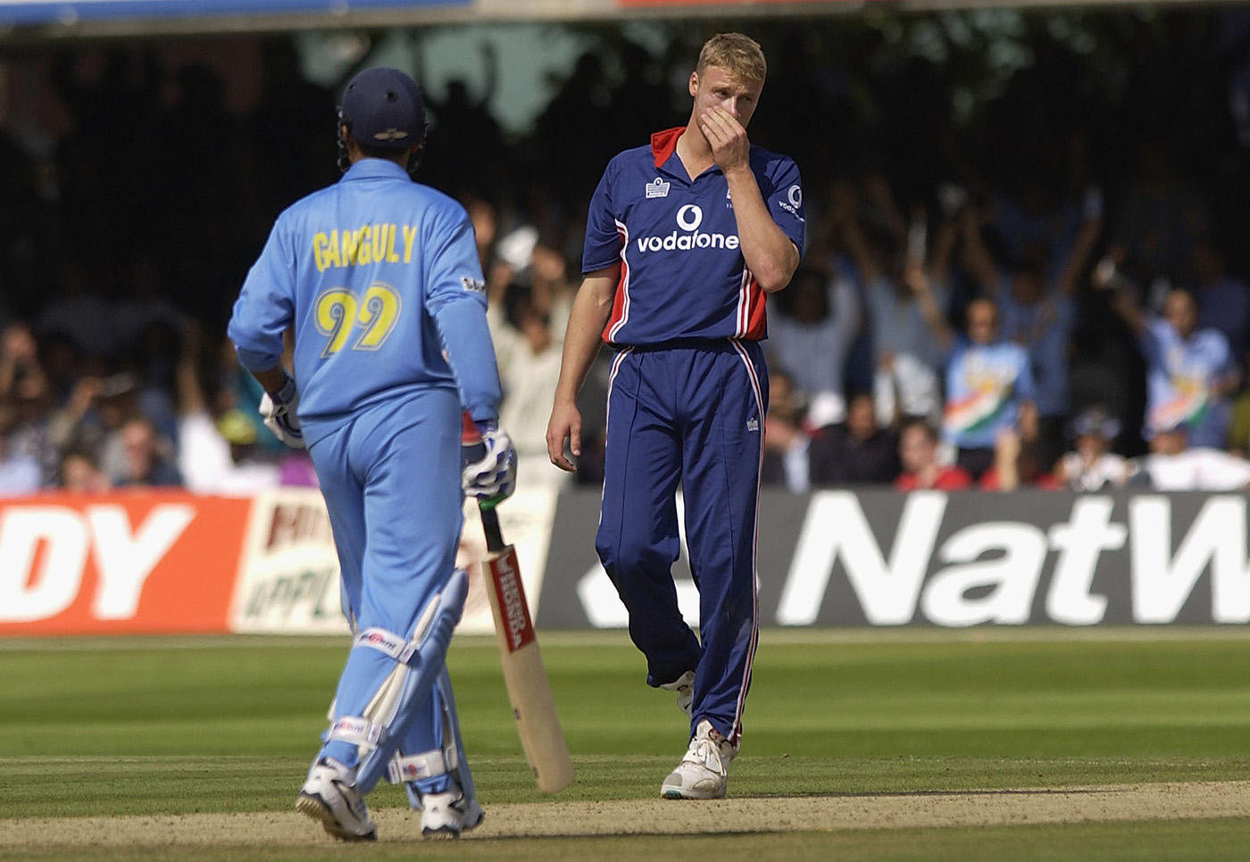 My bat and (my bare chest) will do the talking: Sourav Ganguly responded to Andrew Flintoff's victory gesture in Mumbai a few months earlier with a 43-ball 60 and a topless celebration of his own