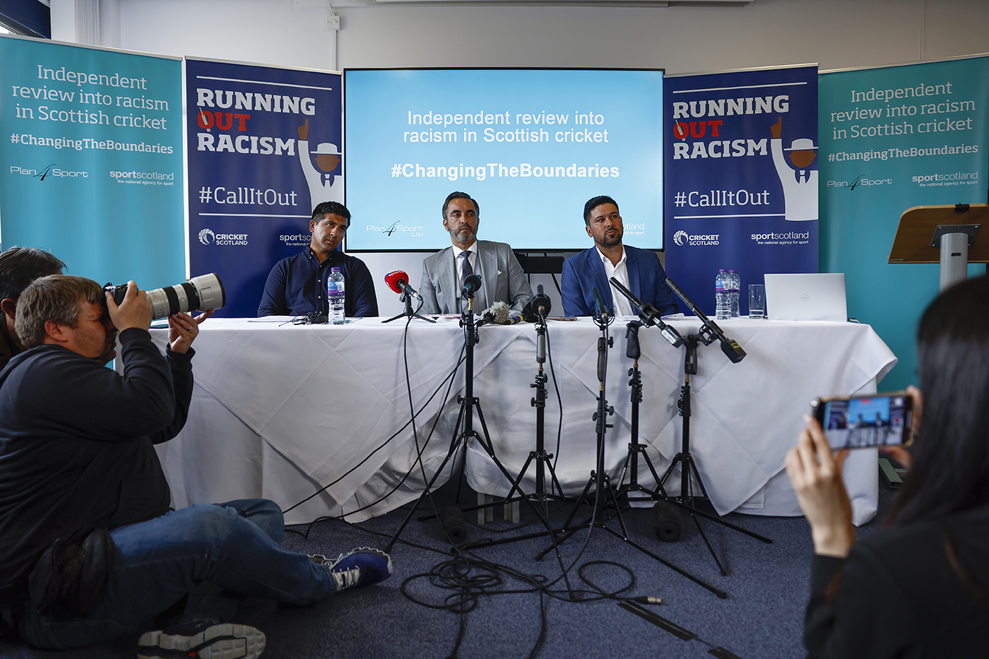 Majid Haq (left) and Qasim Sheikh (right) at a press conference to mark the publication of the Changing the Boundaries report last year. Haq's allegations of racism late in 2021 kicked off a chain of events that plunged Cricket Scotland into crisis