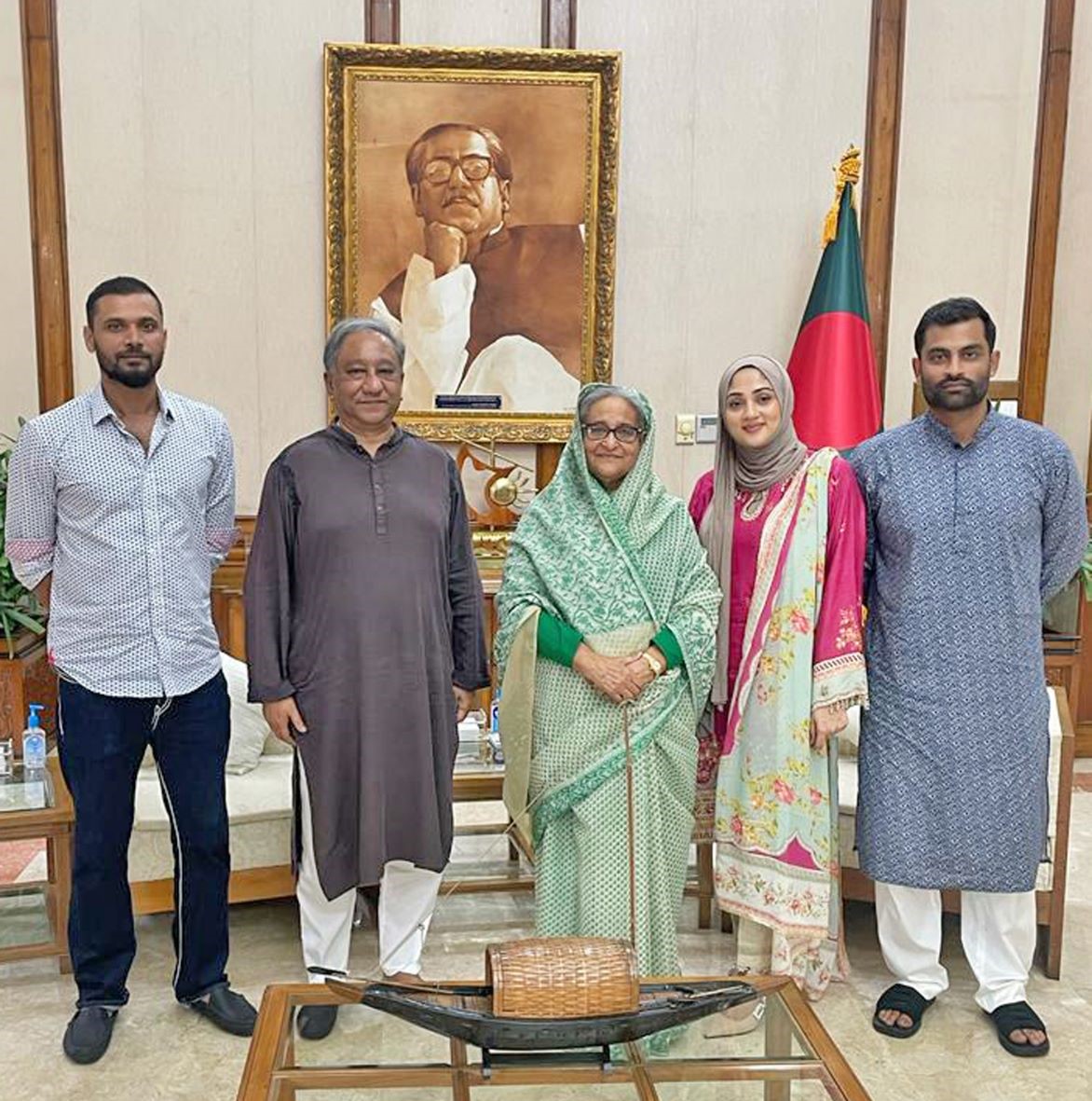 One-day retirement: Tamim quit the game for about 24 hours in 2023 before being coaxed back by then-prime minister Sheikh Hasina (centre)