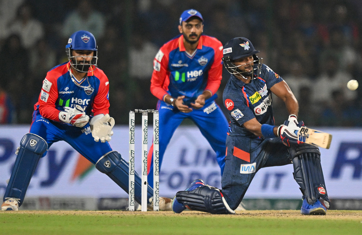 Pooran bats against Delhi Capitals in the IPL game where he pummelled Axar Patel (at slip here) for 20 runs off four balls in the first over he faced