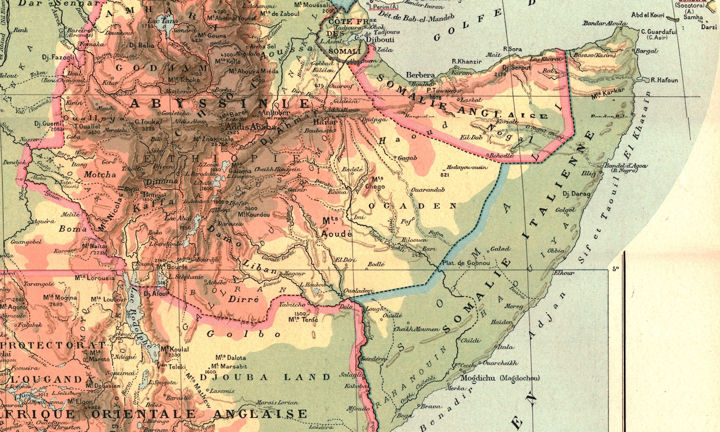 A 1914 map depicts Italian and British holdings in Somalia, including Cape Guardafui in the north-east