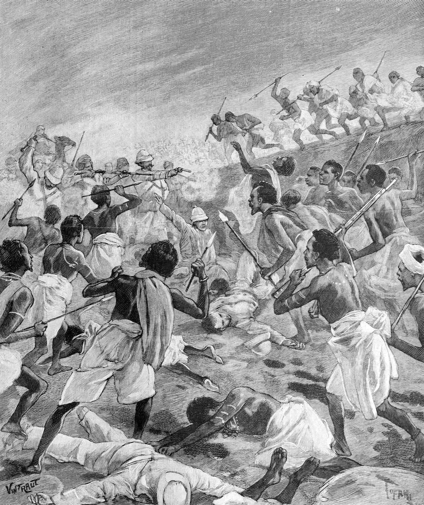 An illustration of a scene from an 1896 battle in the Banadir Resistance, the decades-long guerilla war against Italian colonial expansion in southern Somalia