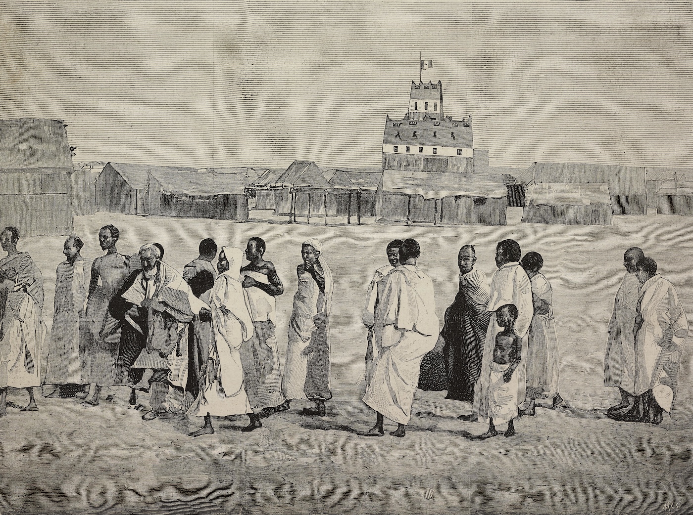 An engraving depicts Alula in Somalia during the days of the Italian protectorate