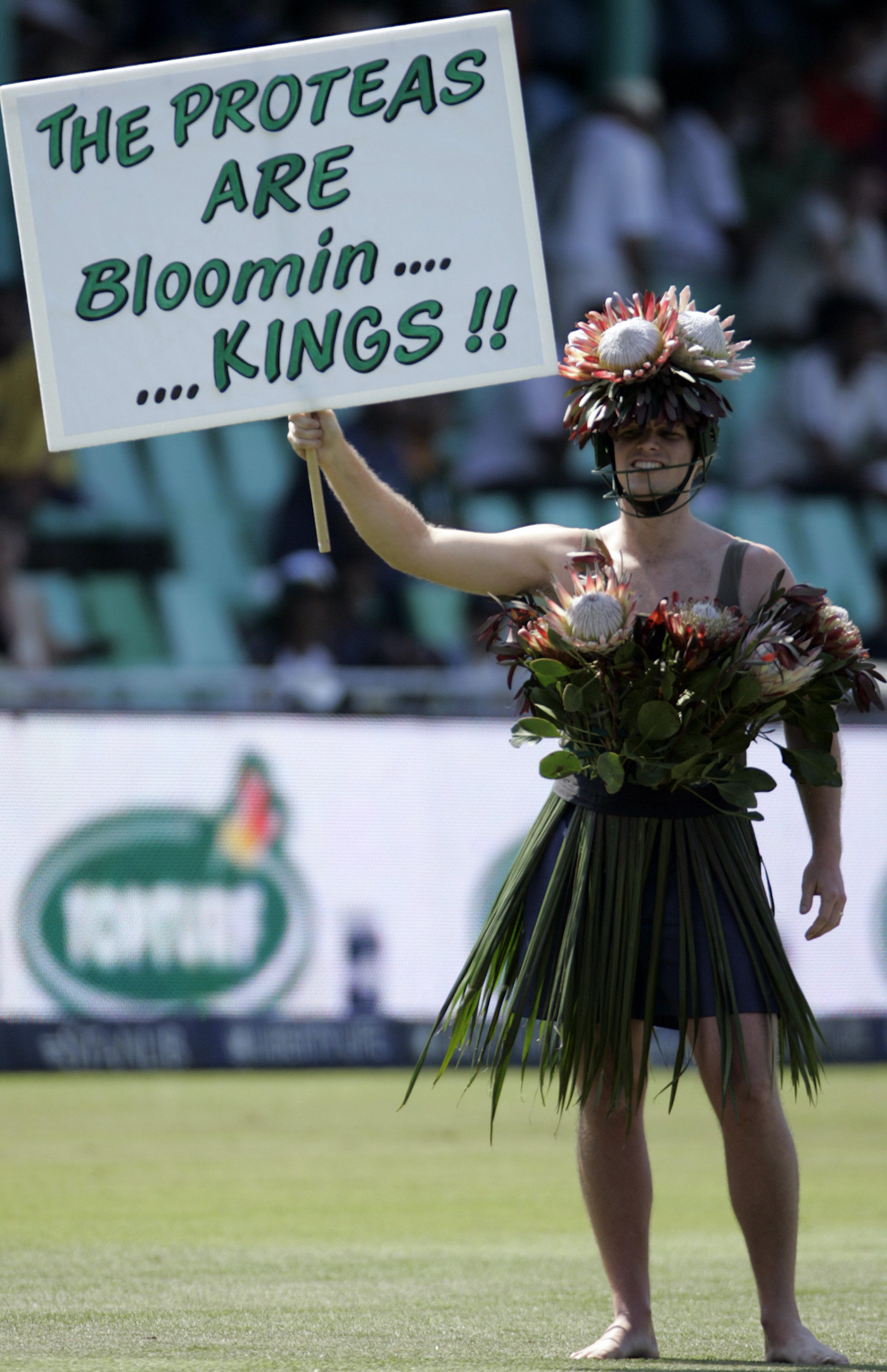 Vase and means: a fan turns himself into a human protea bouquet