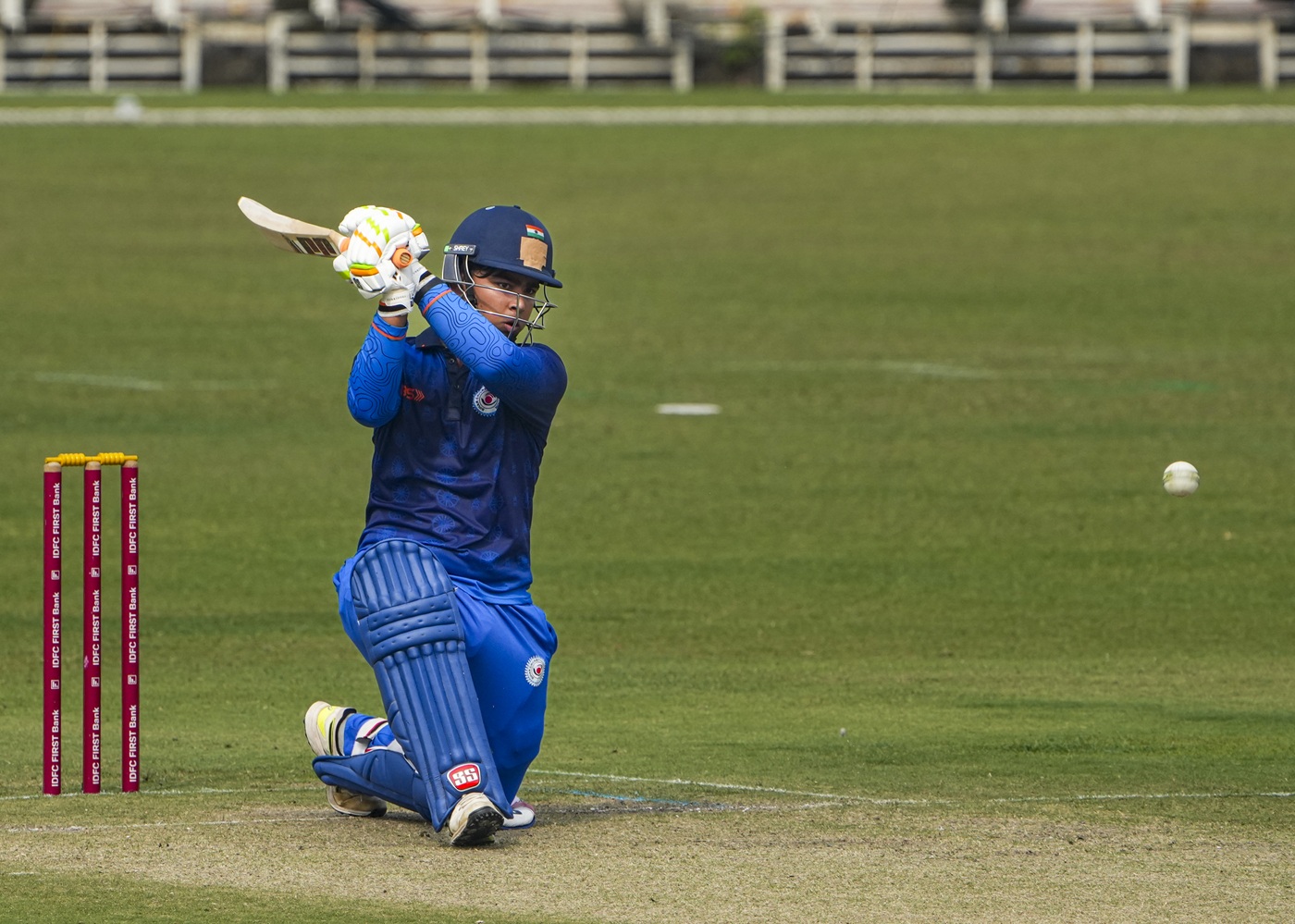 Kneel and deliver: Sooryavanshi smacks one in a game for Bihar in the Mushtaq Ali Trophy