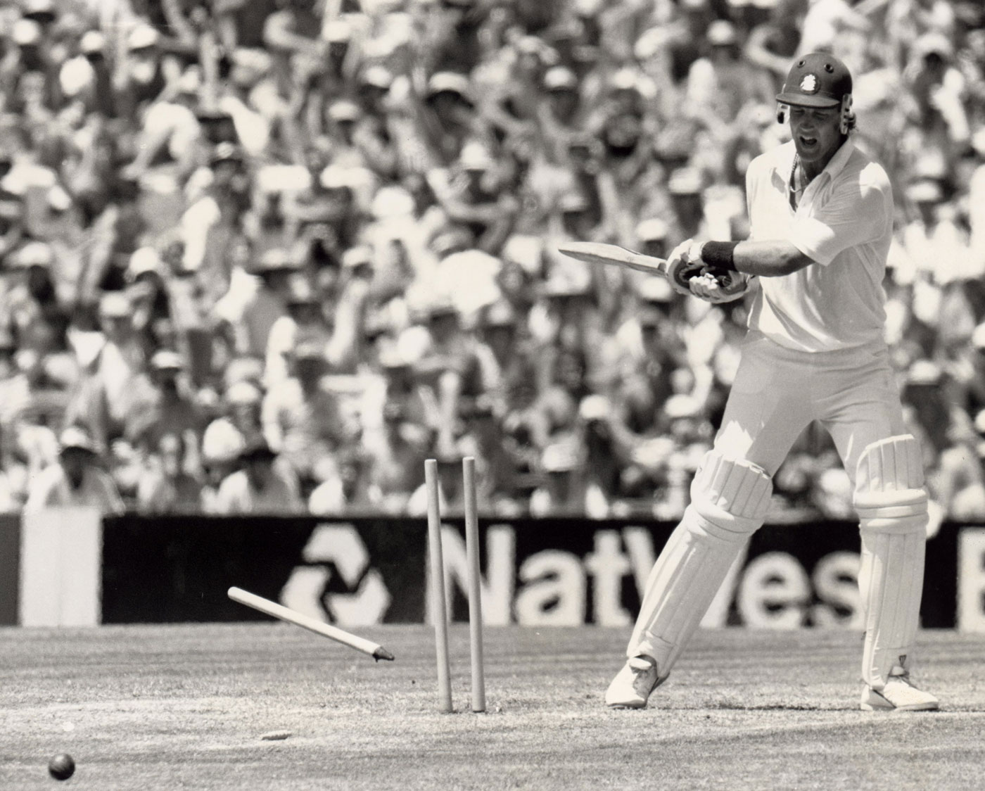 Broad smashes his stumps after being dismissed in the Sydney Test early in 1988. What did he do after being dropped in the series against West Indies later in the year? Answers on a postcard