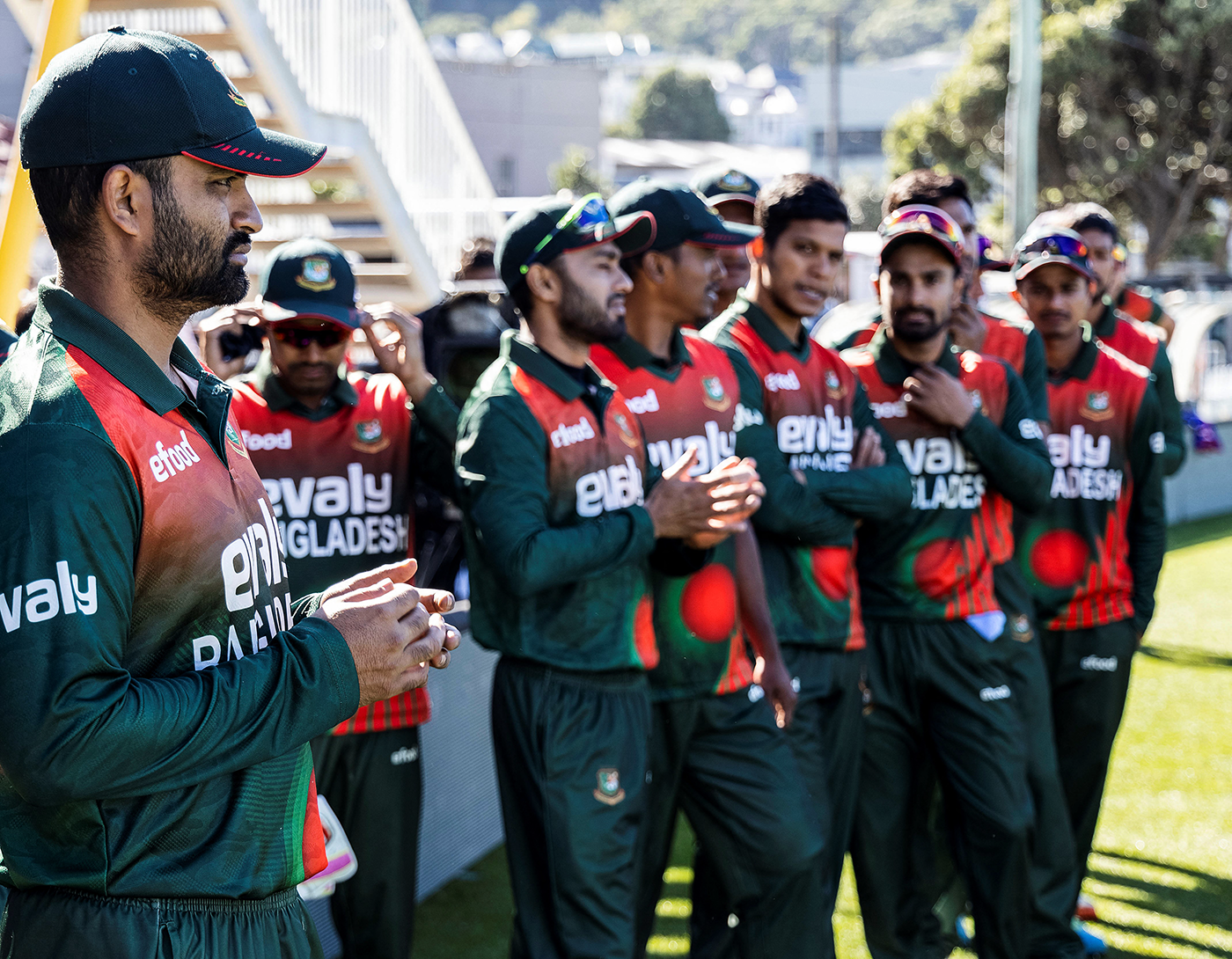 Tamim Iqbal and his Bangladesh players wait to take the field