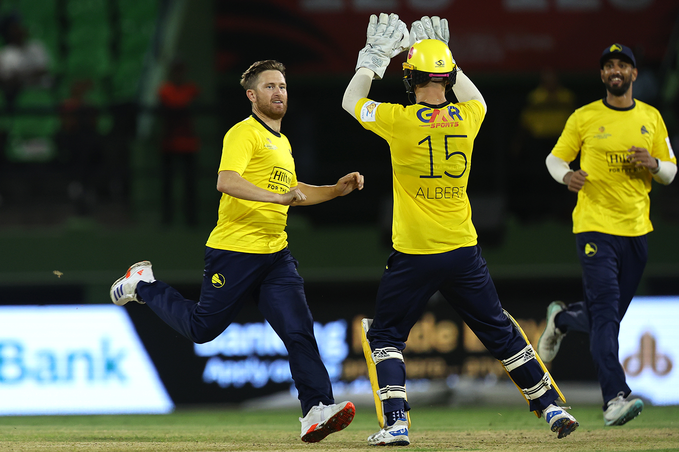 On brand: GMR's logo graces the Hampshire jersey in the Global Super League in Guyana last year